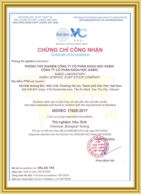 CHỨNG CHỈ CÔNG NHẬN PHÒNG THỬ NGHIỆM CÔNG TY CỔ PHẦN KHOA HỌC SABIO ĐÃ ĐƯỢC ĐÁNH GIÁ VÀ PHÙ HỢP VỚI CÁC YÊU CẦU CỦA TIÊU CHUẨN ISO/IEC 17025:2017
