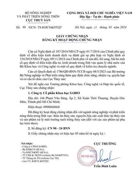 Sabio - Giấy chứng nhận: Đăng ký hoạt động chứng nhận Hợp quy thức ăn thủy sản (Số 88 & 342)