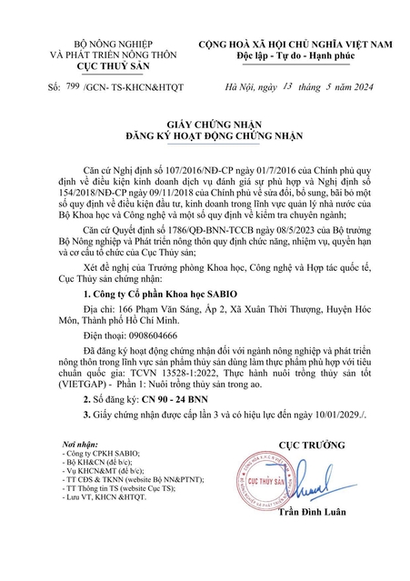 Sabio - Giấy chứng nhận: Đăng ký hoạt động chứng nhận VietGAP Thủy Sản