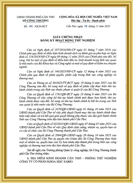 SABIO - GIẤY CHỨNG NHẬN ĐĂNG KÝ HOẠT ĐỘNG THỬ NGHIỆM LĨNH VỰC HÓA HỌC, SINH HỌC