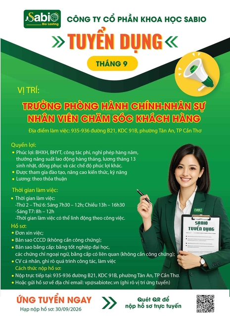 TUYỂN DỤNG THÁNG 09/2026 - CẦN THƠ